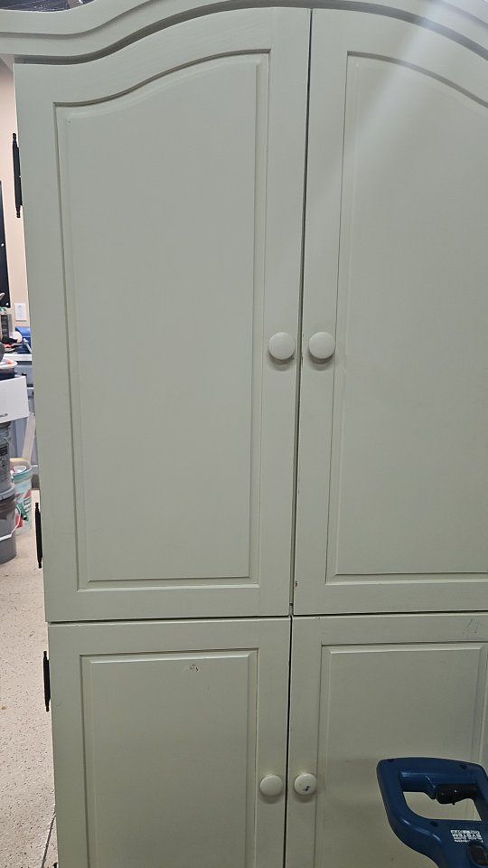White/Off-White Wooden Storage Cabinet/Armoire with Curved Top and Knobs