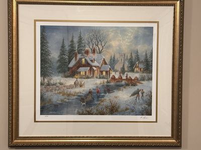 ART — “Berry Merry Holiday” by Dennis Lewan. Christmas, winter, home, landscape