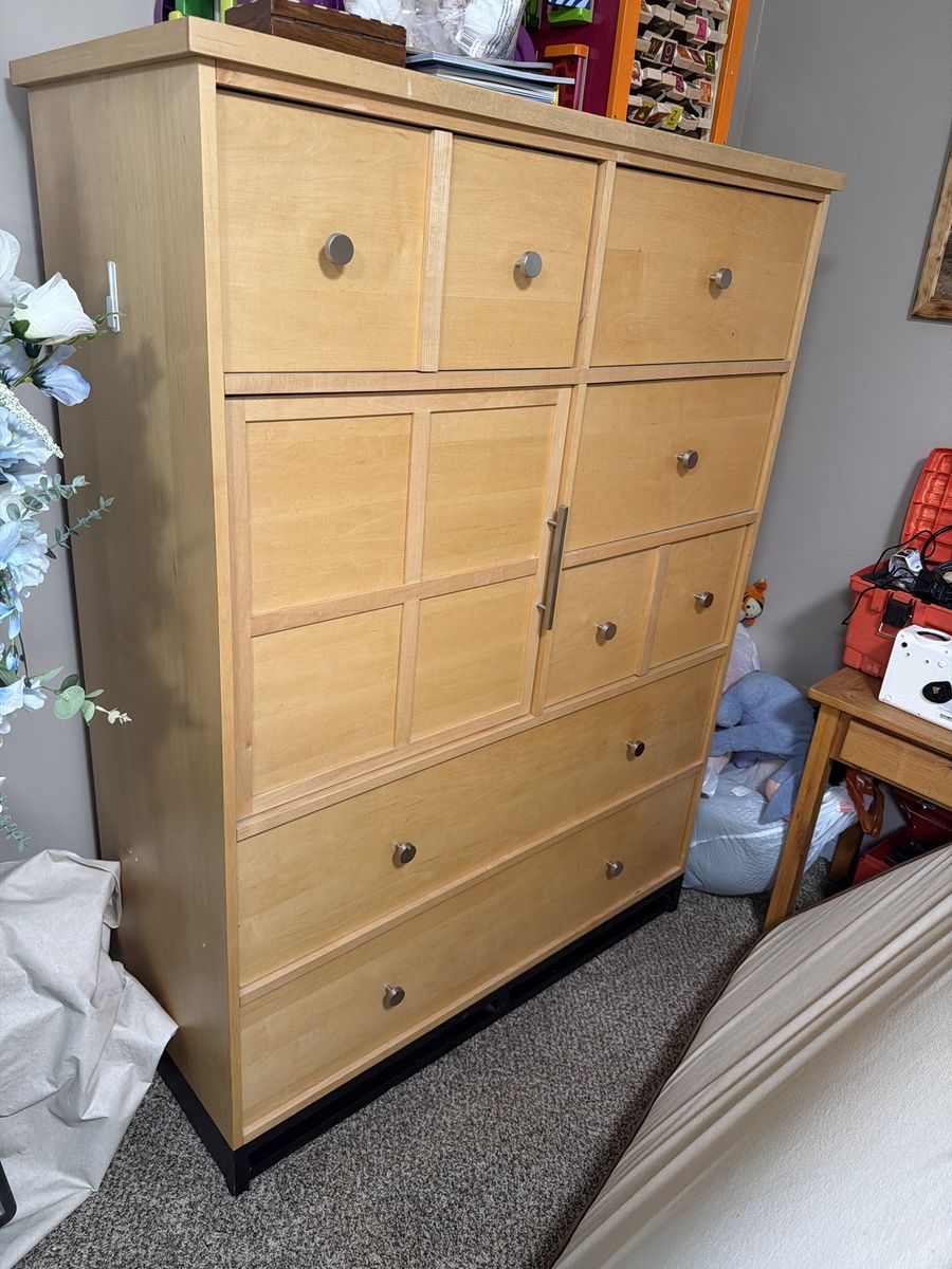 Light Wood Tall Dresser Armoire Combo with Drawers & Cabinet Storage
