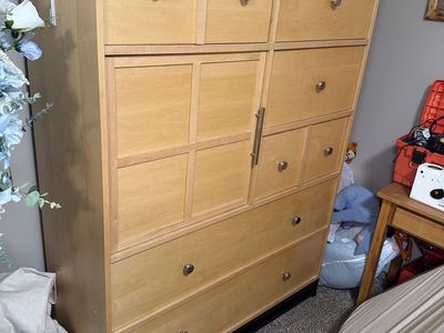 Light Wood Tall Dresser Armoire Combo with Drawers & Cabinet Storage