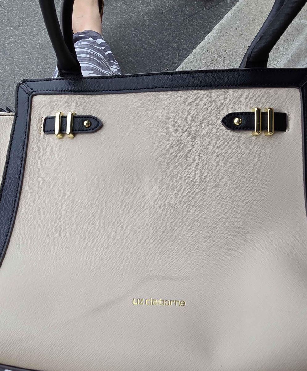 Liz Claiborne Beige and Black Tote Handbag with Gold Hardware