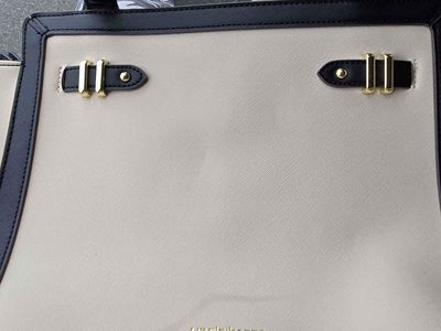 Liz Claiborne Beige and Black Tote Handbag with Gold Hardware