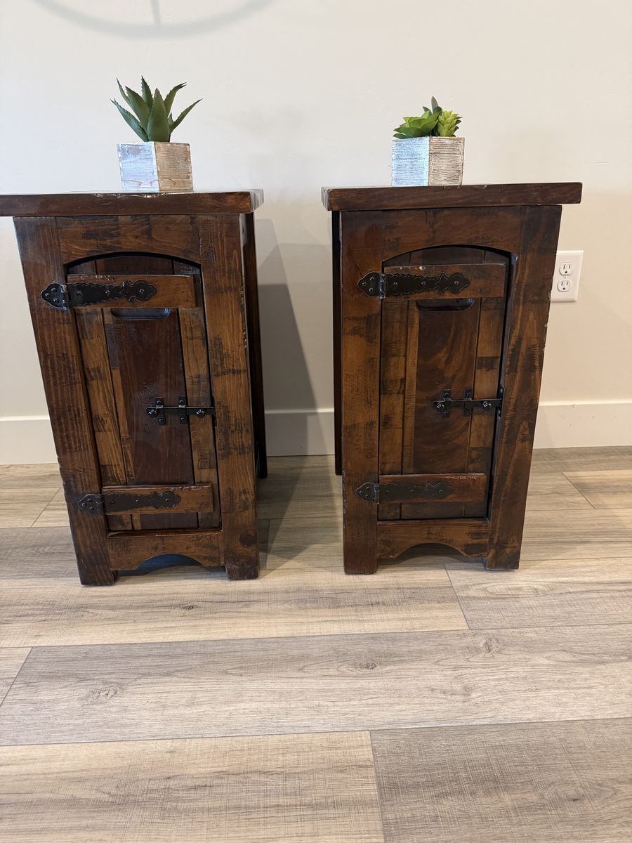 Gorgeous Rustic Wood End Table/Nightstand Set - Dark Stain, Wrought Iron Hardware