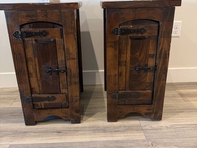 Gorgeous Rustic Wood End Table/Nightstand Set - Dark Stain, Wrought Iron Hardware