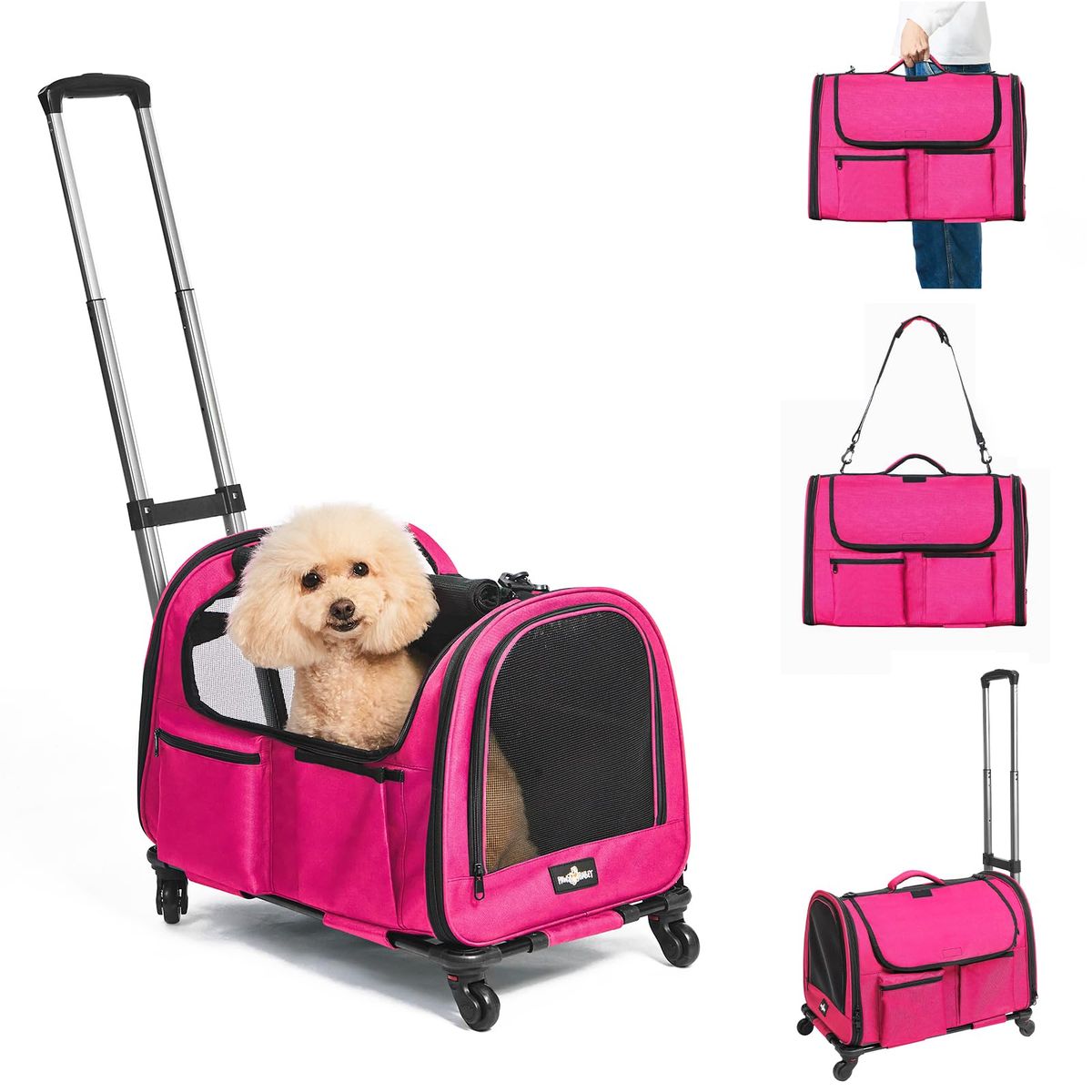 New Large Pet Carrier with Wheels, Foldable Rolling Dog Carrier, Rolling Bag 21"x13"x13"