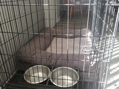 Large Black Wire Dog Crate with Pet Bed and Bowls - Excellent Condition