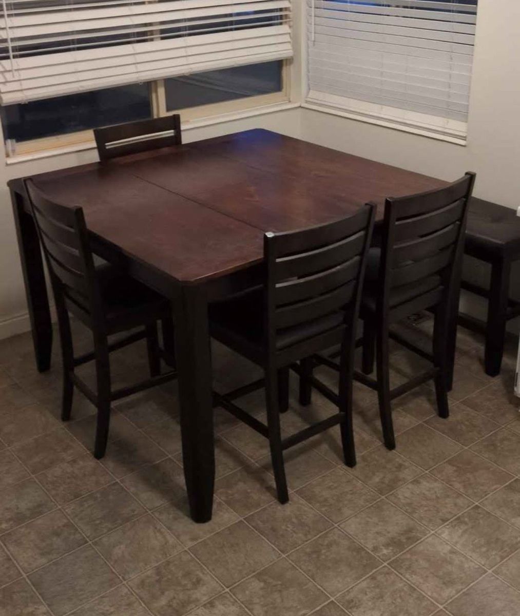 Dark Wood Counter Height Dining Table Set with 4 Chairs & 1 Bench - Seating for 6
