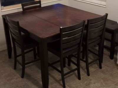 Dark Wood Counter Height Dining Table Set with 4 Chairs & 1 Bench - Seating for 6