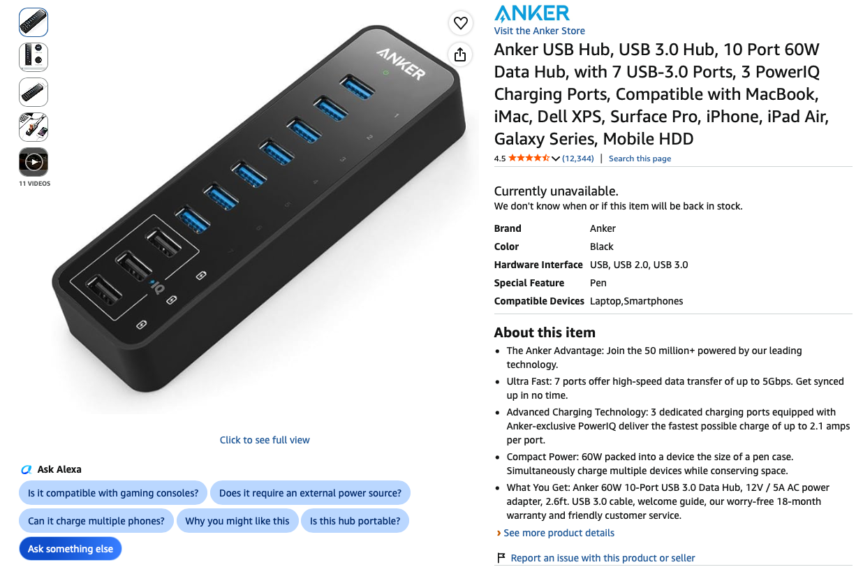 Anker 10-Port USB 3.0 Hub 60W Powered Data Hub w/ 7 USB 3.0 Ports & 3 PowerIQ Charging Ports A7515 OBO
