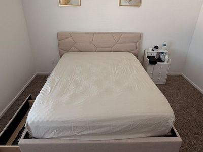 Upholstered Queen Bed with Twin Trundle + 2 Mattresses + Nightstand