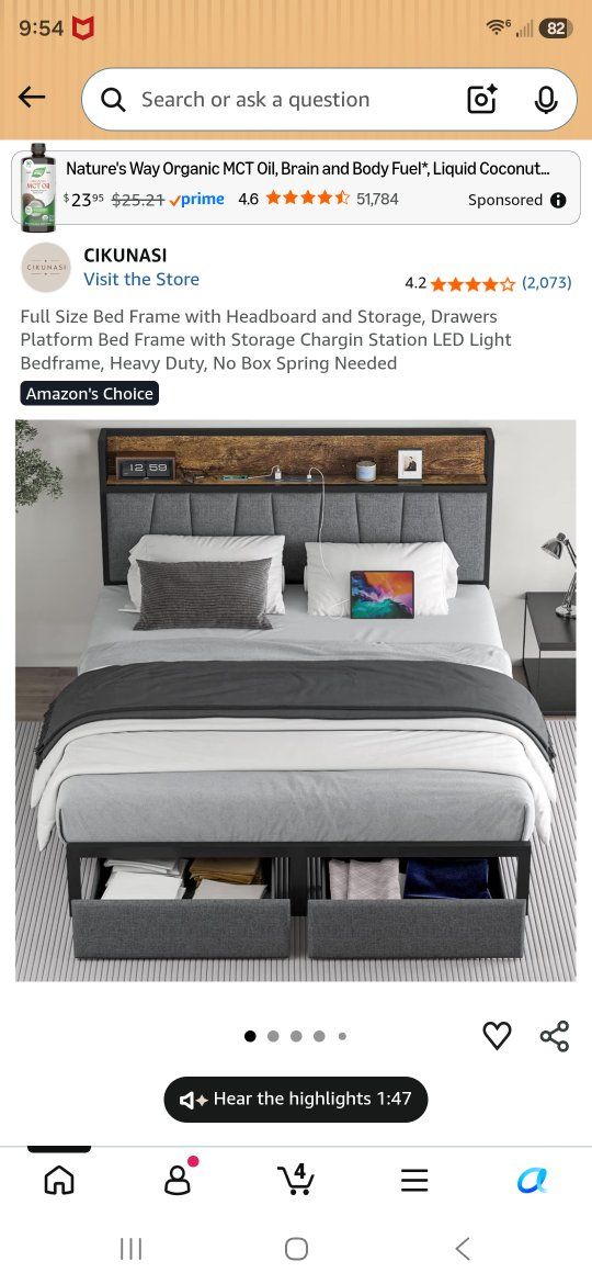 CIKUNASI Full Size Platform Bed Frame with Storage, Headboard & Charging Station, LED Light