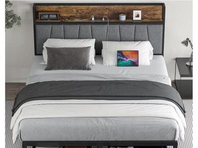 CIKUNASI Full Size Platform Bed Frame with Storage, Headboard & Charging Station, LED Light