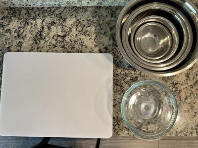Canning supplies (metal bowls, glad bowl and cutting board)