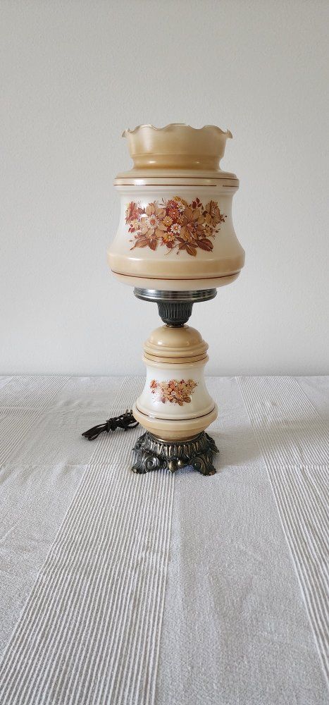 Vintage Hurricane Table Lamp Floral Glass Night Light Dual Burner