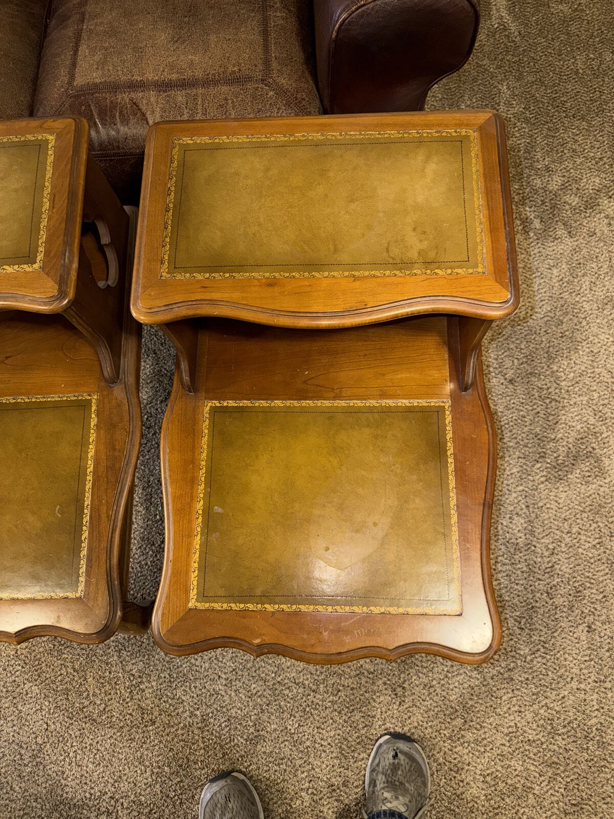 MATCHING PAIR MID CENTURY STENCILED LEATHER TOP END TABLES & COFFEE TABLE