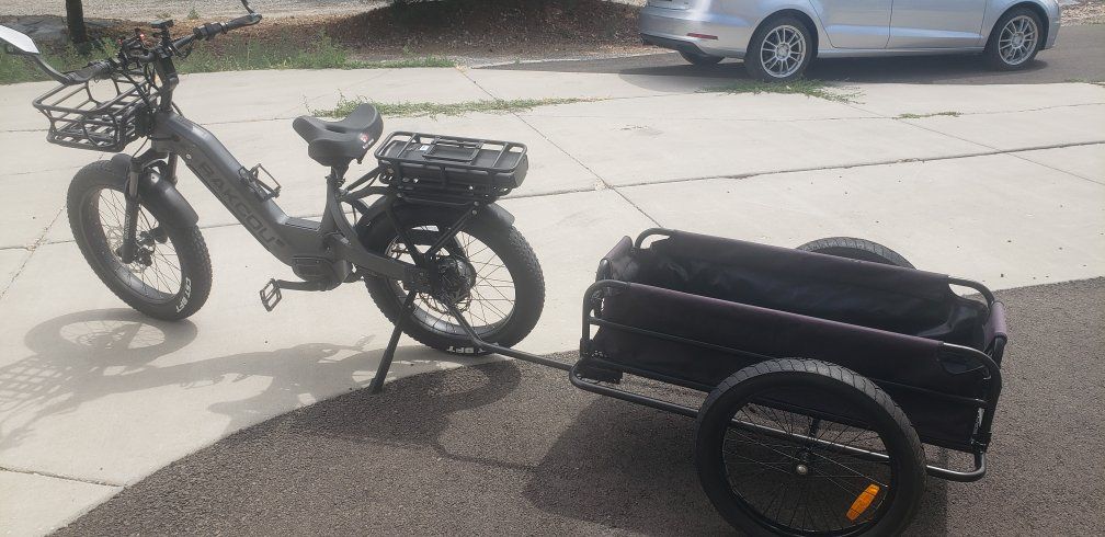 BAKCOU Fat Tire Electric Bike w/ Trailer - Gray, Excellent Condition E-Bike