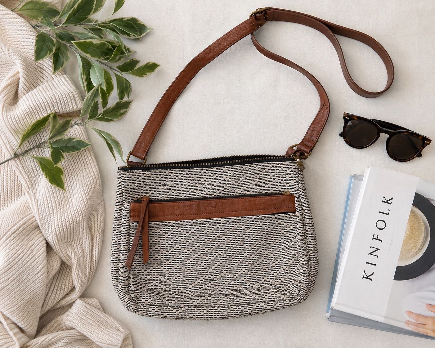 Fossil Woven Fabric and Leather Crossbody Bag Brown Black White