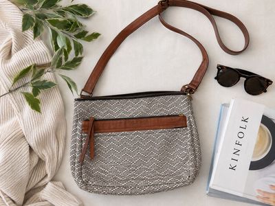 Fossil Woven Fabric and Leather Crossbody Bag Brown Black White