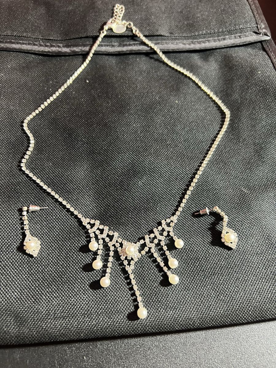 Elegant Silver-Tone Rhinestone & Pearl Necklace and Earring Set - Dangle Style