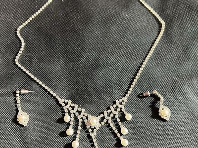 Elegant Silver-Tone Rhinestone & Pearl Necklace and Earring Set - Dangle Style