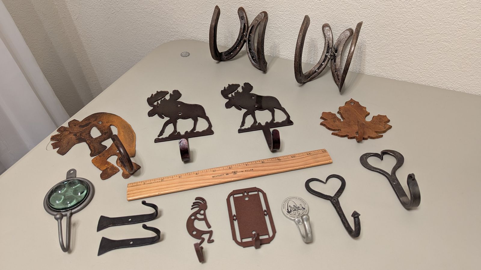 cast iron wrought iron pewter wall hooks (14 total)