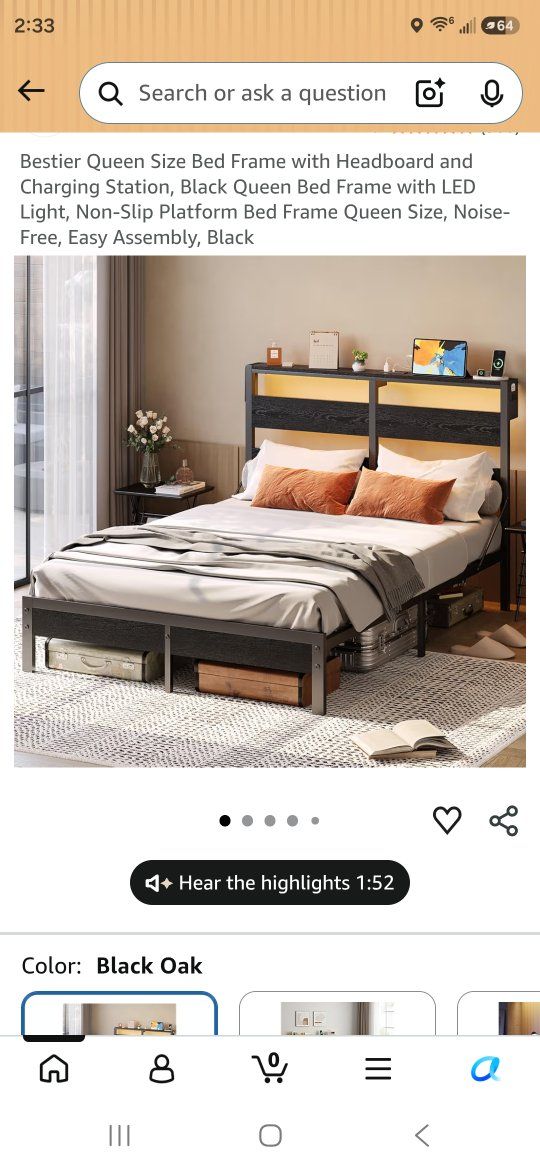 Bestier Queen Size Bed Frame with Headboard, LED Light & Charging Station - Black Oak Platform Bed