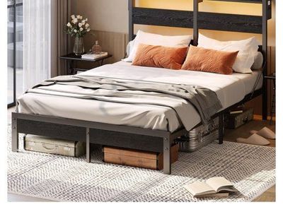 Bestier Queen Size Bed Frame with Headboard, LED Light & Charging Station - Black Oak Platform Bed