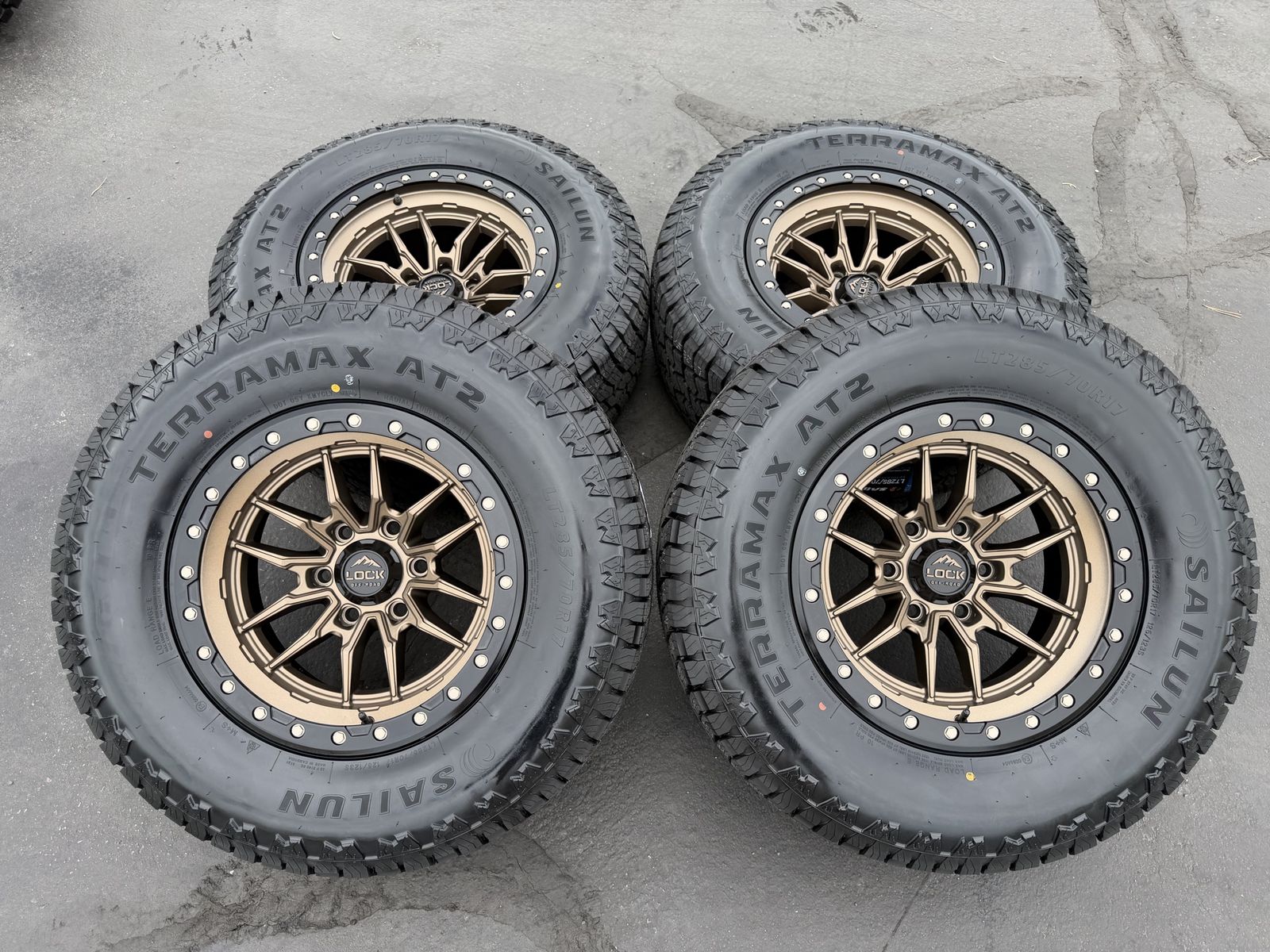 New LT285/70r17 Terramax AT2 Bronze Lock Krawler 6x5.5 Chevy Silverado 1500 Toyota Tacoma GMC Sierra 6 lug wheels and tires 3PR