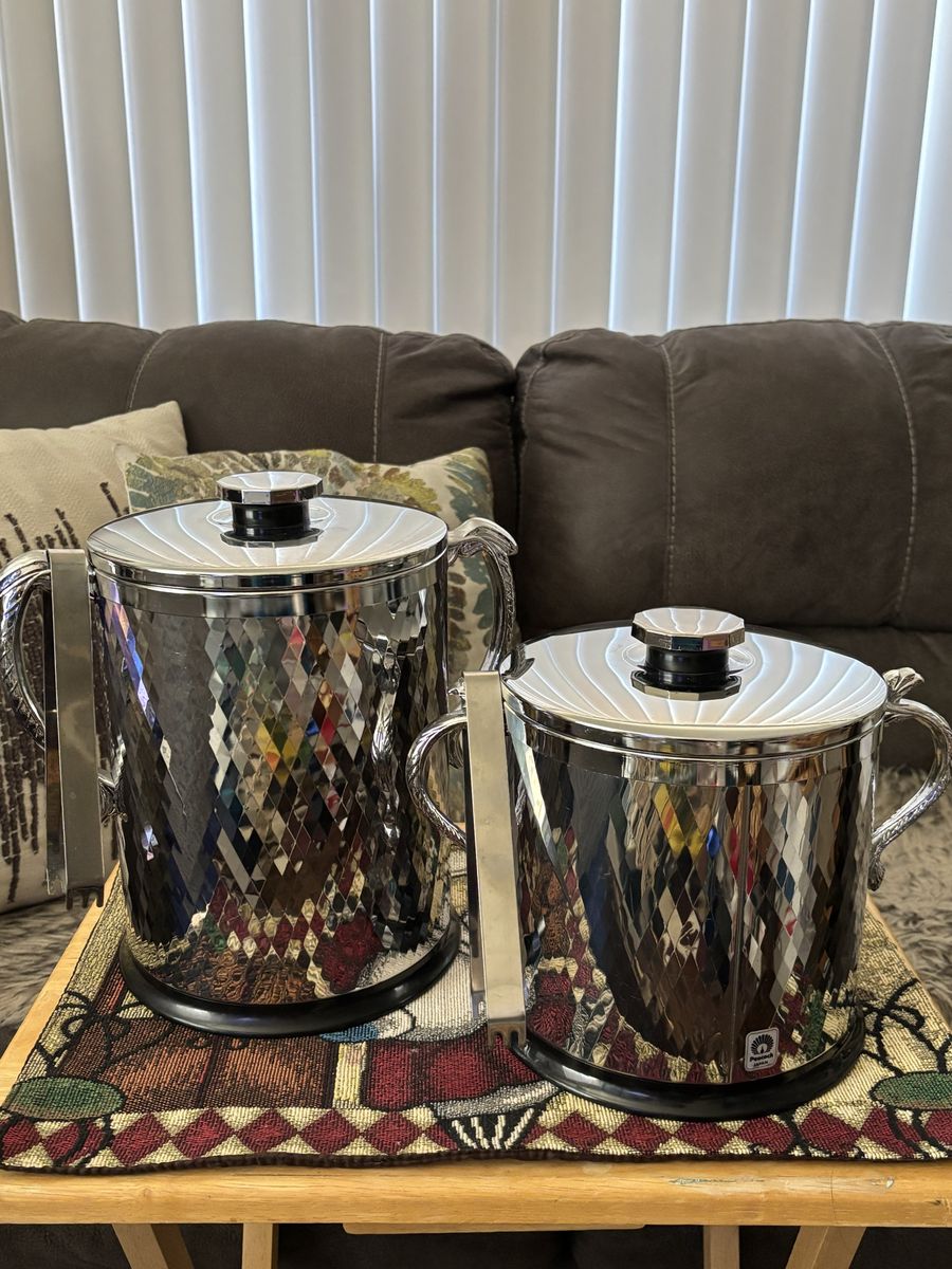 Vintage Italian Ice Bucket Set (2) with Lids and Tongs - Chrome Geometric Design