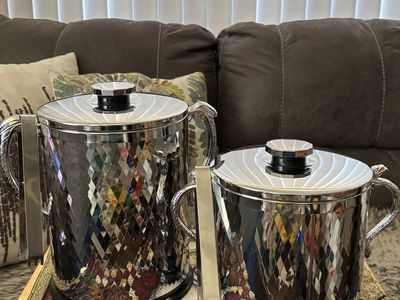 Vintage Italian Ice Bucket Set (2) with Lids and Tongs - Chrome Geometric Design