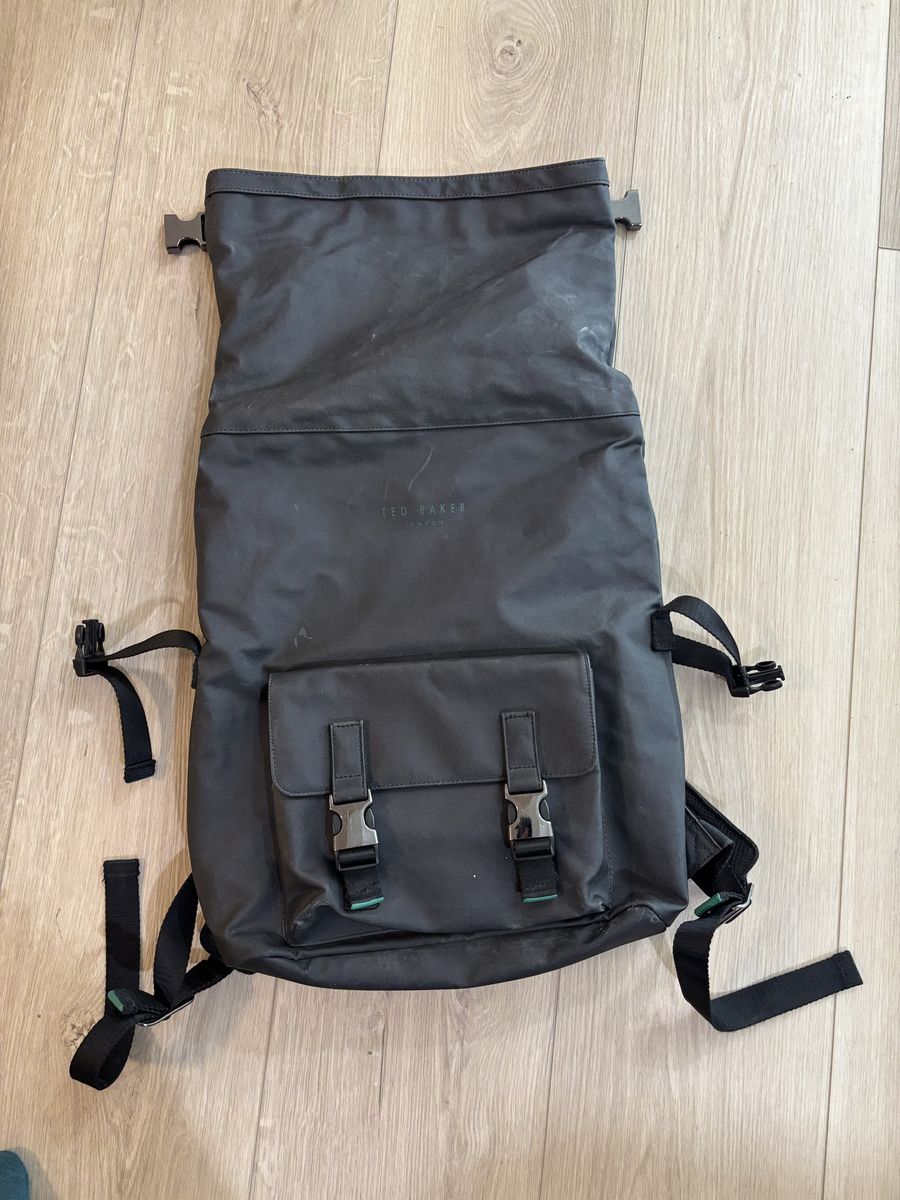 Ted Baker London Black Roll-Top Backpack with Front Pocket