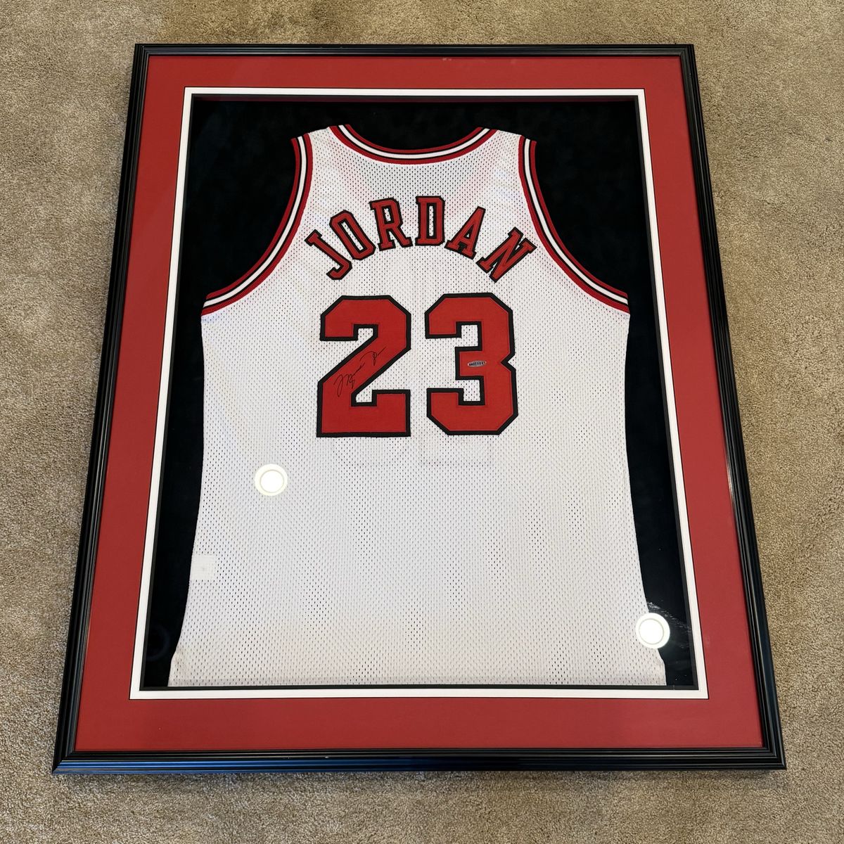 UDA Michael Jordan Autographed Chicago Bulls #23 Jersey - Framed White Home Jersey with COA