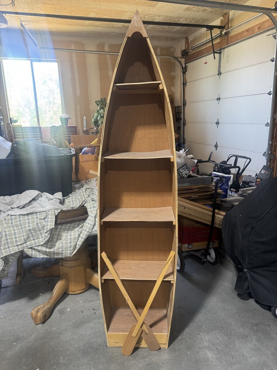 Unique Wooden Canoe-Shaped Bookshelf - Rustic/Nautical Decor Storage Unit