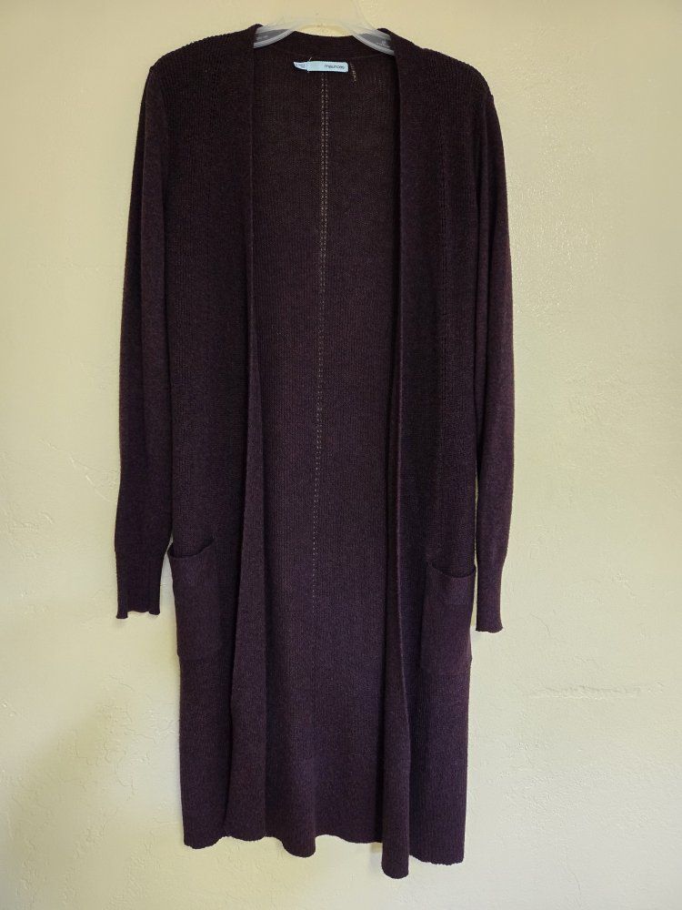 Maurices Long Open Front Cardigan Burgundy Knit Sweater with Pockets
