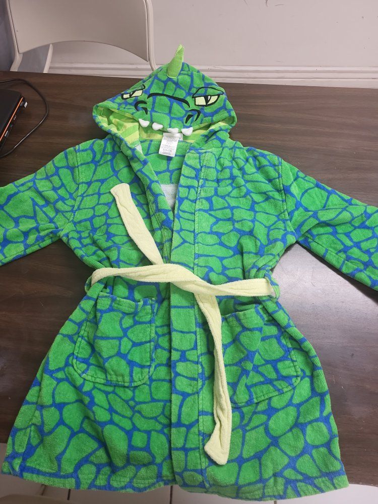 Unisex Kids Green/Blue Dinosaur Hooded Bathrobe with Pockets and Tie Closure kids small 7/8