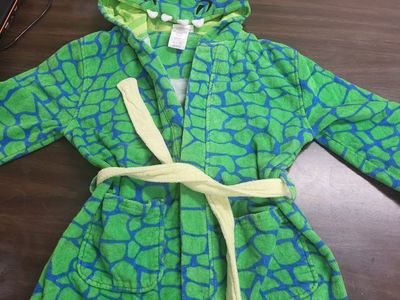 Unisex Kids Green/Blue Dinosaur Hooded Bathrobe with Pockets and Tie Closure kids small 7/8