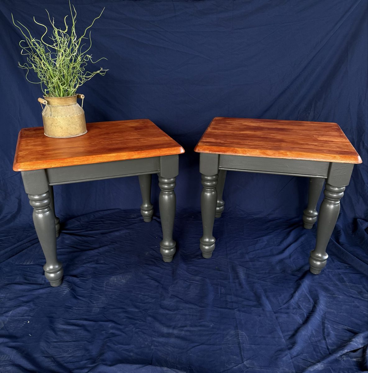 Set of 2 Refinished Wooden End Tables with Stained Tops and Dark Grey Turned Legs