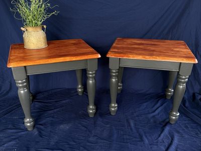 Set of 2 Refinished Wooden End Tables with Stained Tops and Dark Grey Turned Legs