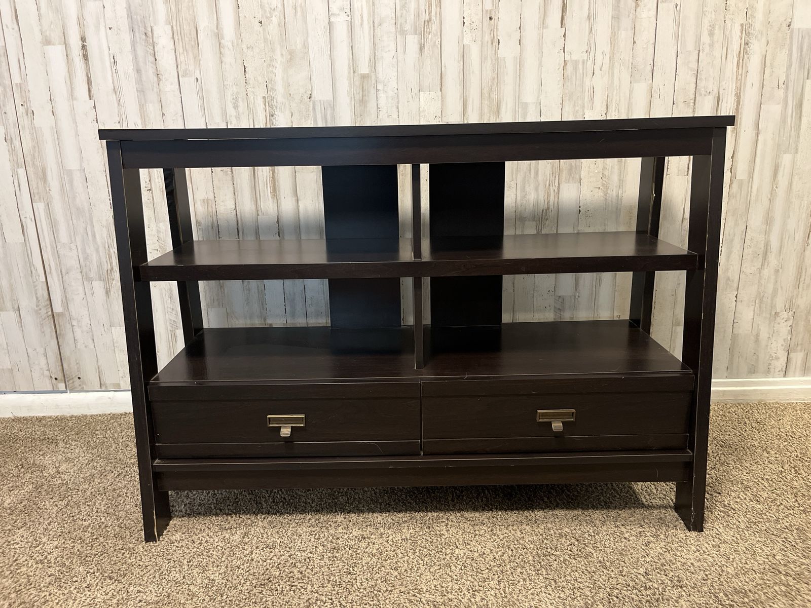 Dark Wooden TV Stand Media Console with Open Shelves and Two Lower Drawers