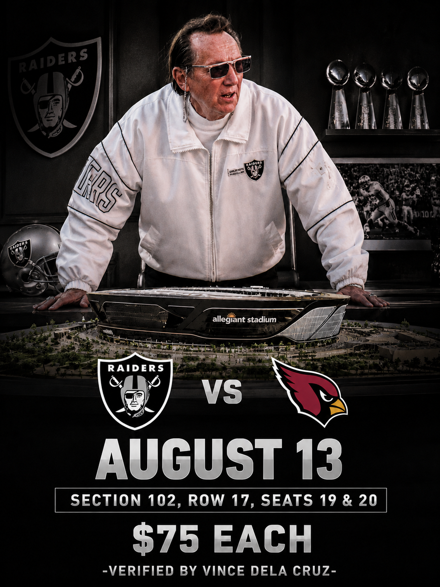 Las Vegas Raiders vs. Arizona Cardinals Tickets - Aug 13 - Sec 102, Row 17, Seats 19 & 20