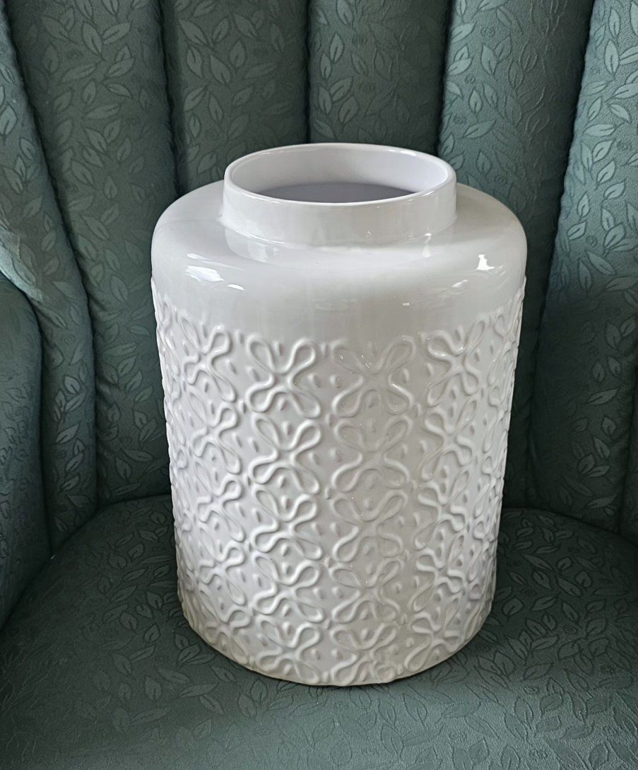 White Embossed Ceramic Vase / Planter - Large, Decorative Home Decor
13"Tx9"W Opening 5.5"