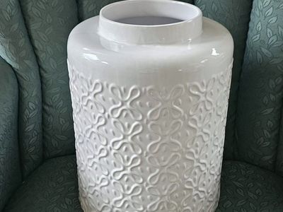 White Embossed Ceramic Vase / Planter - Large, Decorative Home Decor
13"Tx9"W Opening 5.5"