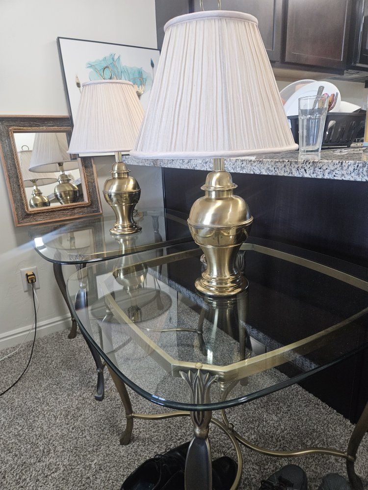 Vintage Brass Table Lamps (Pair) with Pleated Shades