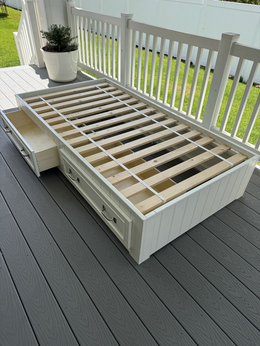 Pottery Barn Belden Twin Storage Bed - Creamy White, Solid Wood Slats, No Box Spring Needed