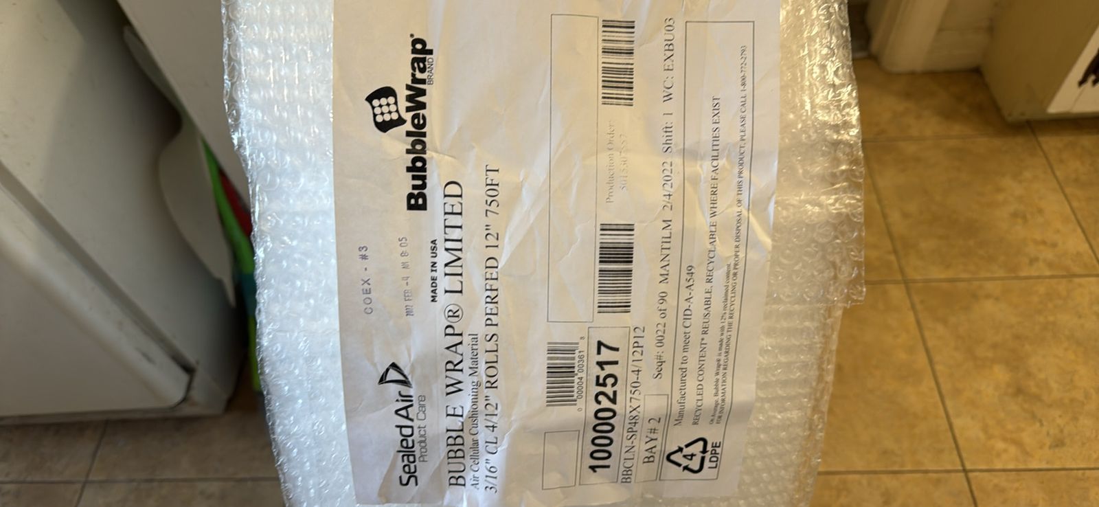 Sealed Air Bubble Wrap 12” X 750’ feet