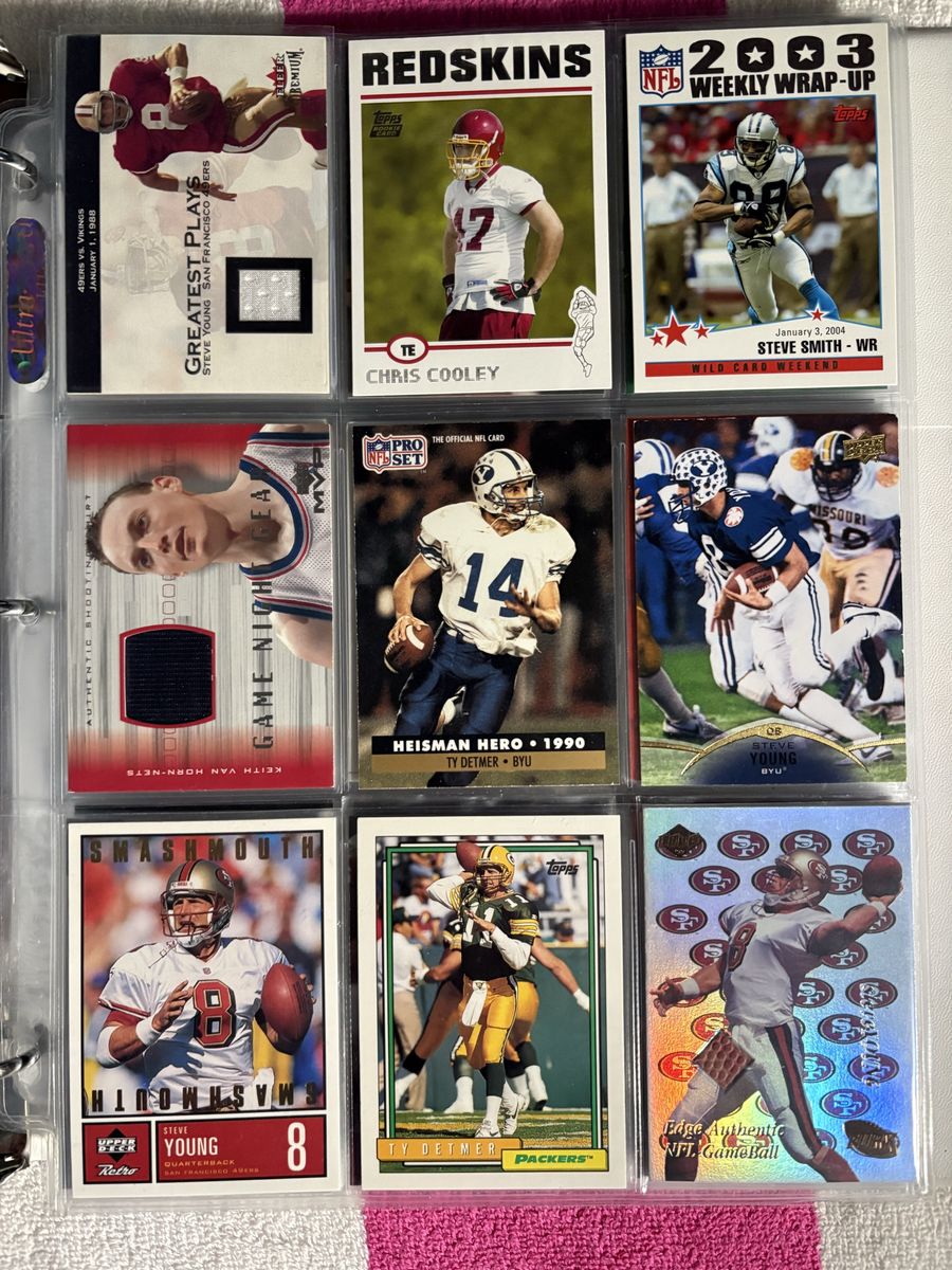 Assorted BYU and U of U NFL Football Trading Cards Page - Steve Young jersey patches/ Ty Detmer, Chad Lewis autographs, etc