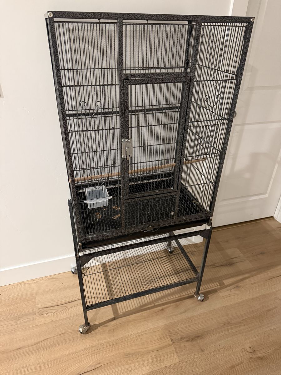 Large Black Bird Cage on Wheels - Parrot, Cockatiel, Conure Cage with Stand & Feeder