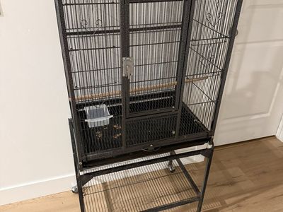 Large Black Bird Cage on Wheels - Parrot, Cockatiel, Conure Cage with Stand & Feeder
