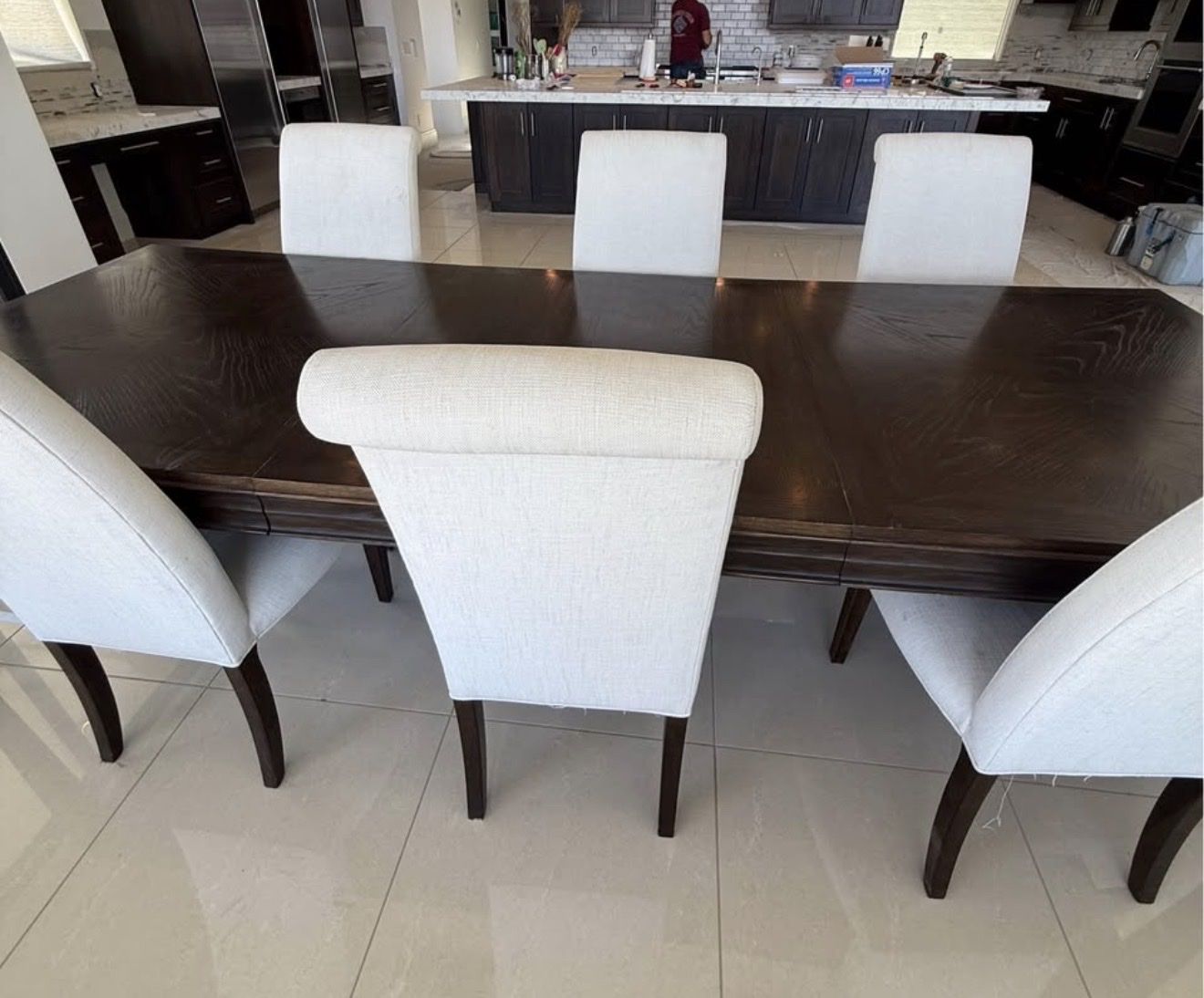 Large Wooden Dining Table with 7 Upholstered Chairs - Dark Wood, Off-White Fabric, Extendable