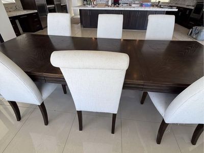 Large Wooden Dining Table with 7 Upholstered Chairs - Dark Wood, Off-White Fabric, Extendable